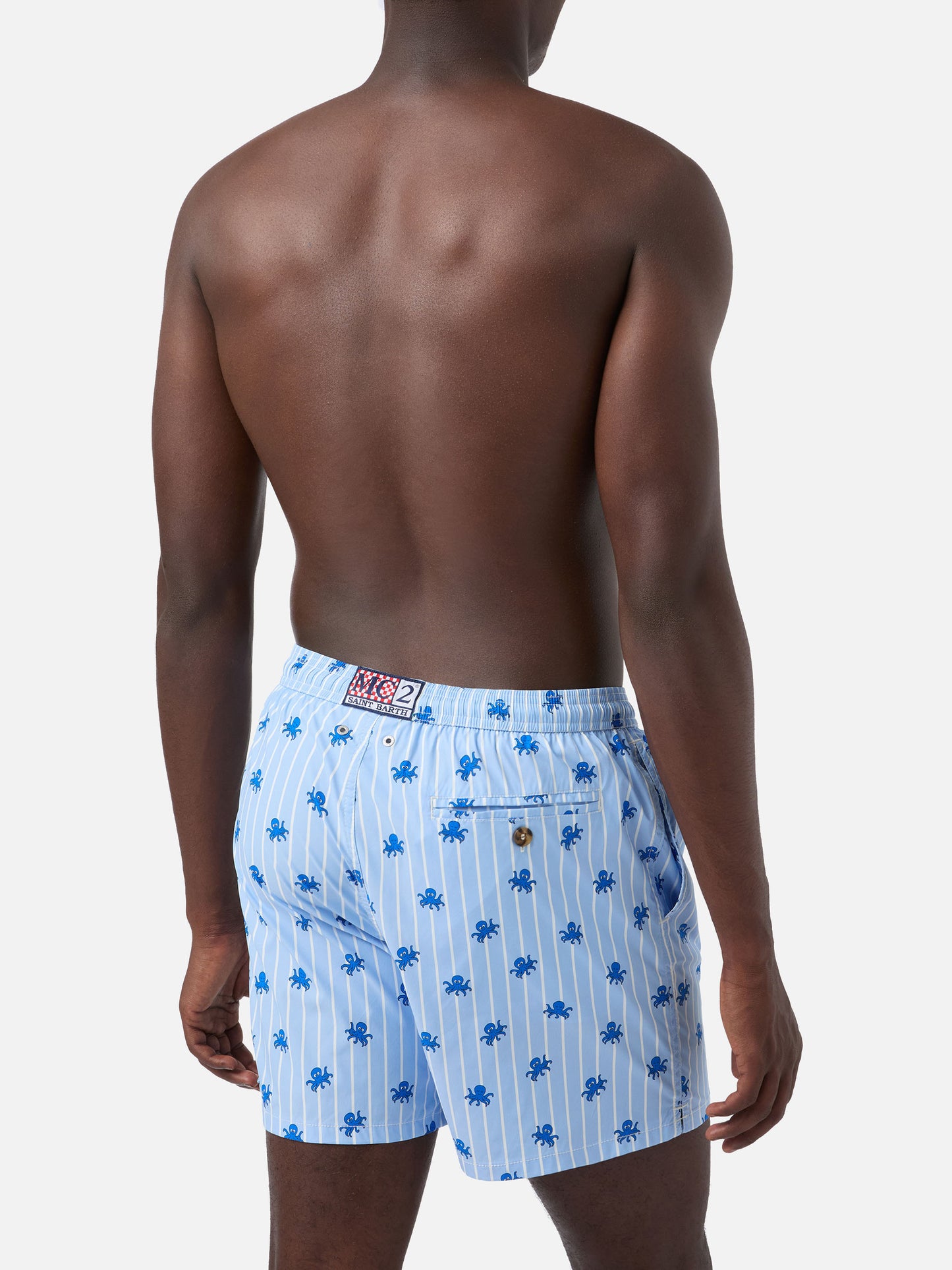 Blue striped Lighting Micro swim shorts with all-over octopus print
