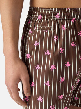 Costume mare Lighting Micro a righe marroni con stampa polpi all-over