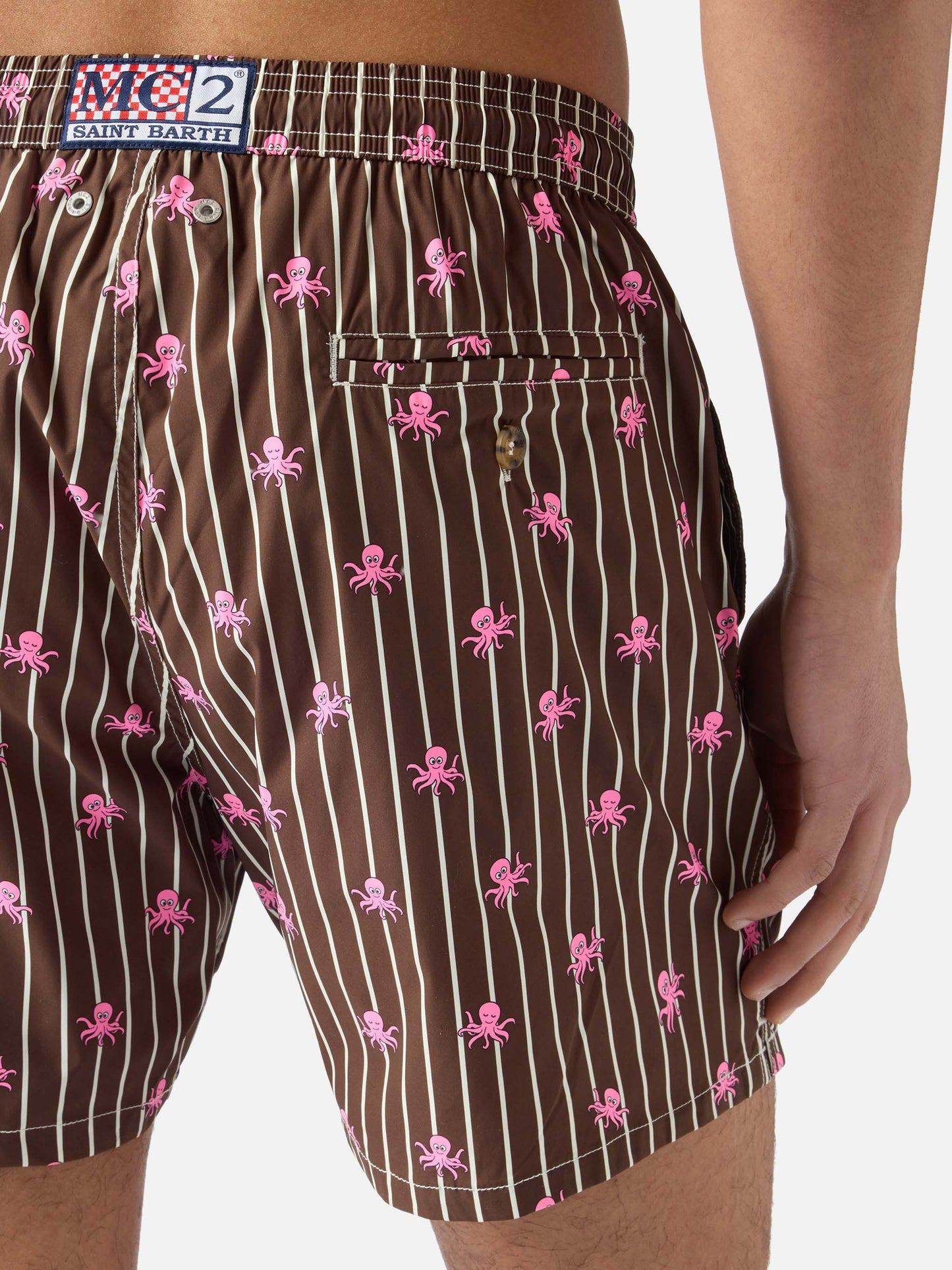 Costume mare Lighting Micro a righe marroni con stampa polpi all-over