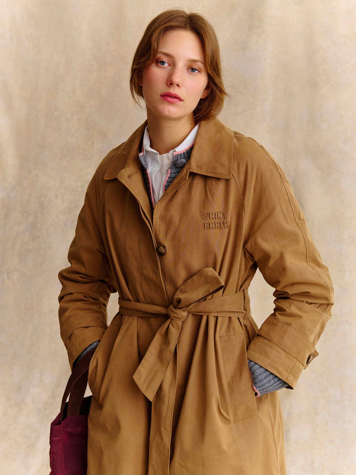 Beige Lior cotton blend waxed coat with tartan lining