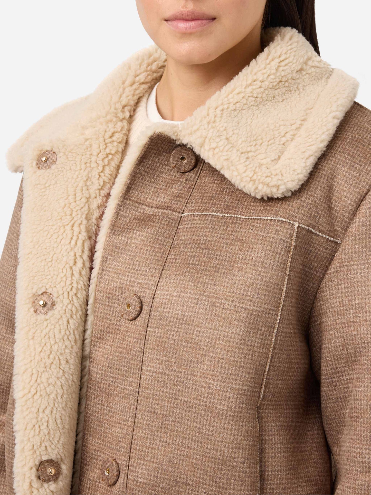 Giacca Lorayne in eco montone pied de poule con bordi in shearling