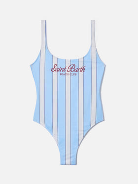 Costume intero Lora a righe azzurre e panna con stampa Beach Club