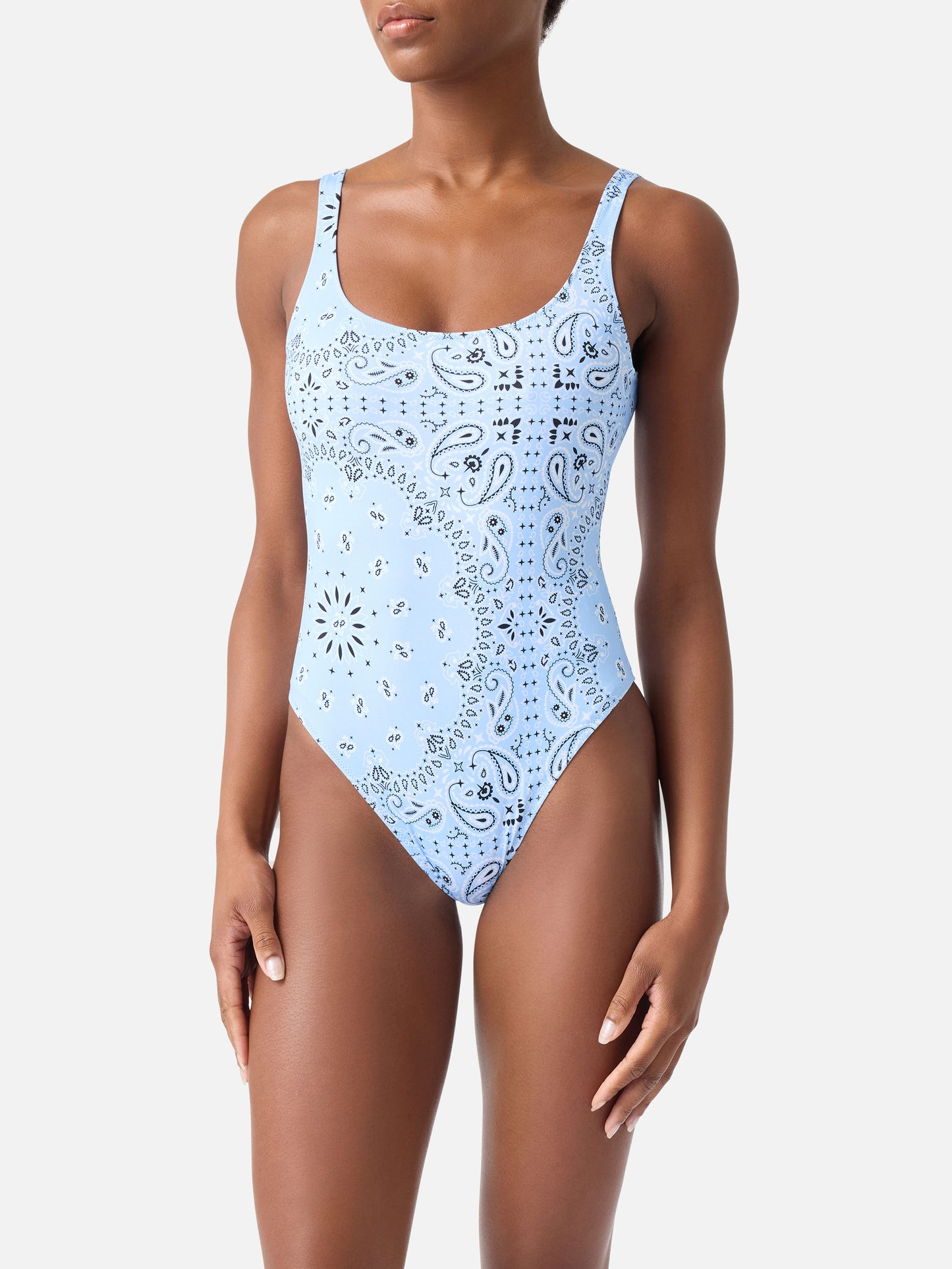 Lora one-piece swimsuit with light blue all-over bandana print