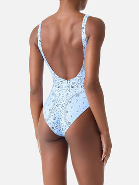 Lora one-piece swimsuit with light blue all-over bandana print