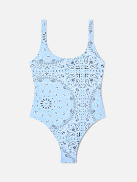 Lora one-piece swimsuit with light blue all-over bandana print