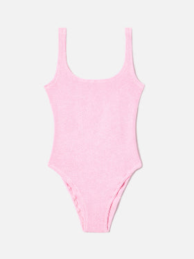 Lora one-piece swimsuit in pink solid color crinkle fabric