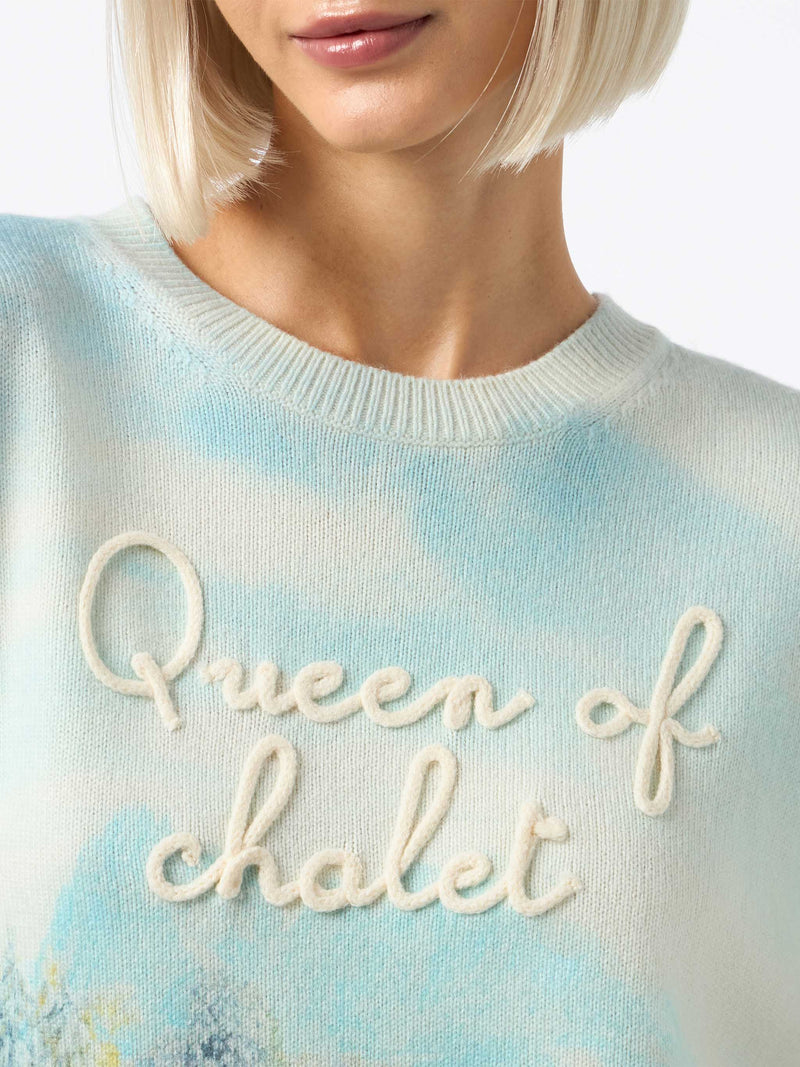 Damenpullover Louise aus Kaschmirmischung mit Chalet-Print und Queen of Chalet-Stickerei