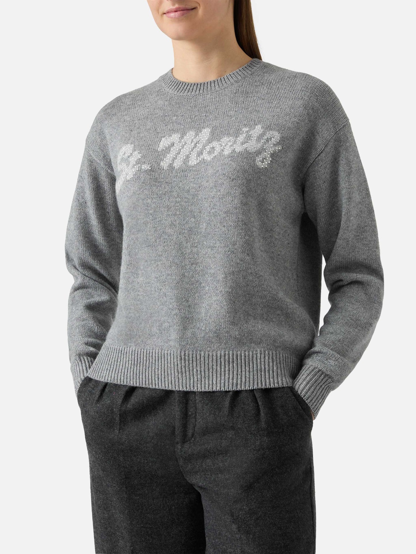 Grey crewneck Louise with St. Moritz rhinestones embellishment | ST. MORITZ TOP OF THE WORLD SPECIAL EDITION