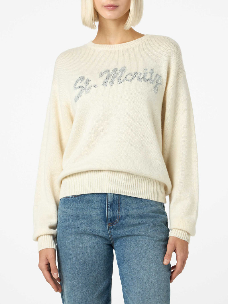 Woman white sweater Louise with St. Moritz rhinestones embellishment | ST. MORITZ TOP OF THE WORLD SPECIAL EDITION