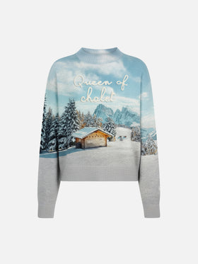 Weißes Louise Jr-Pullover-Hemd mit Chalet-Print und „Queen of Chalet“-Stickerei