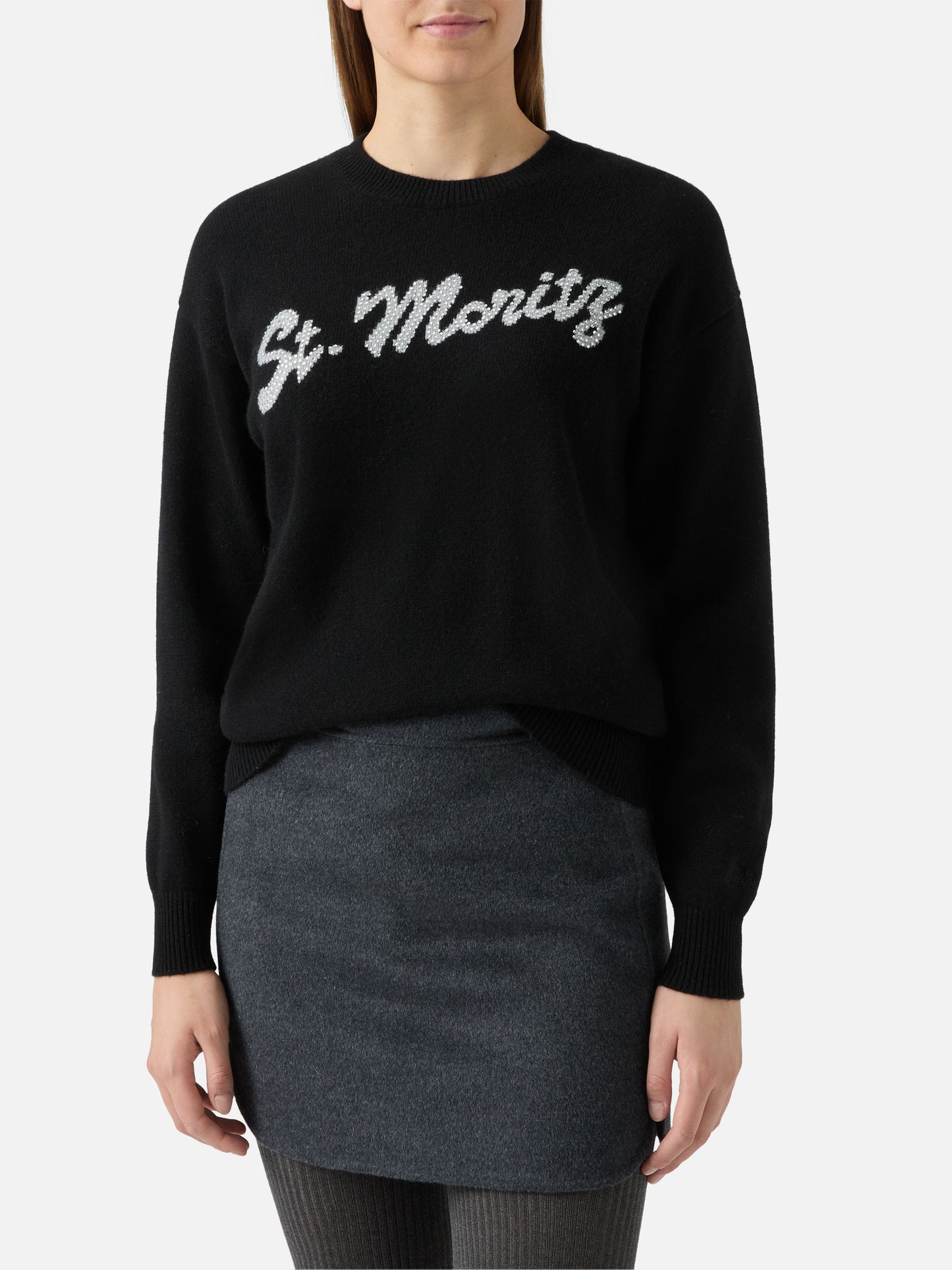 Louise cashmere sweater in black with St. Moritz rhinestone appliqué