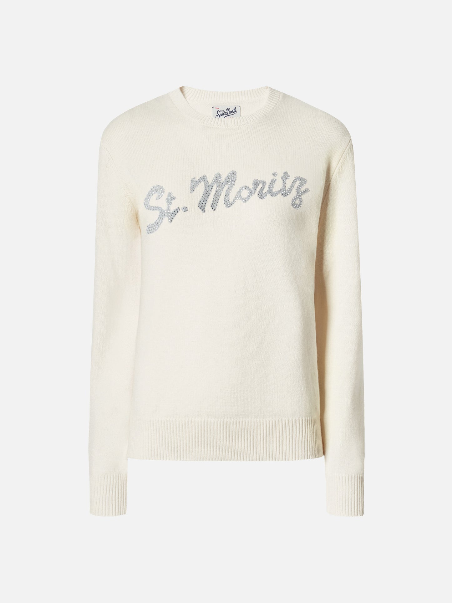 Louise cashmere sweater in white with St. Moritz rhinestone appliqué