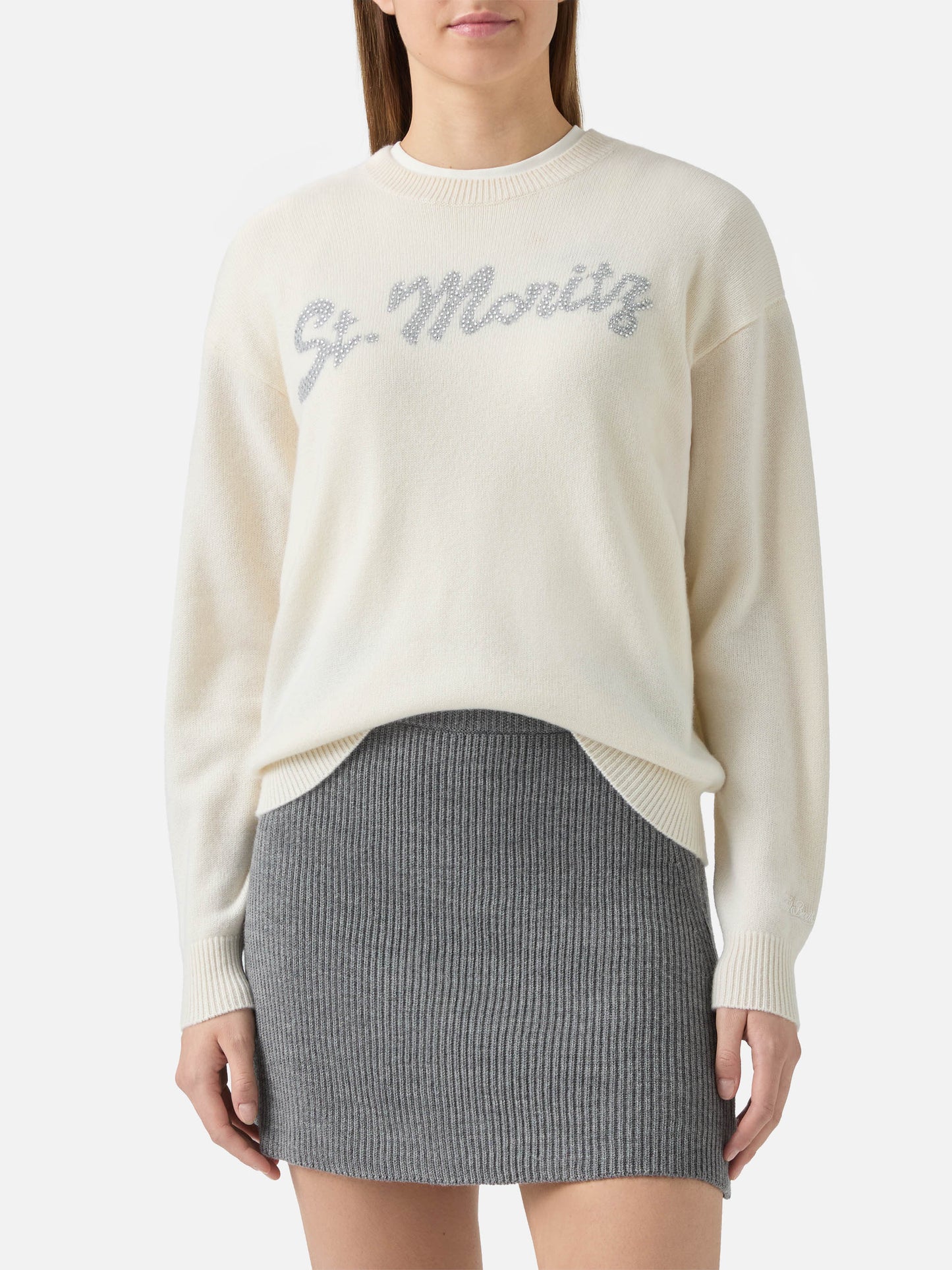 Louise cashmere sweater in white with St. Moritz rhinestone appliqué