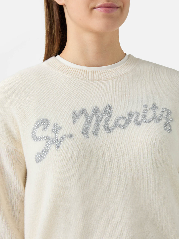 Maglione Louise in cashmere bianco con applicazione St. Moritz in strass