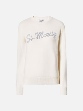 Maglione Louise in cashmere bianco con applicazione St. Moritz in strass