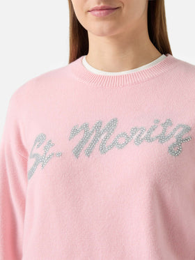 Louise Kaschmirpullover in Rosa mit St. Moritz Strassapplikation