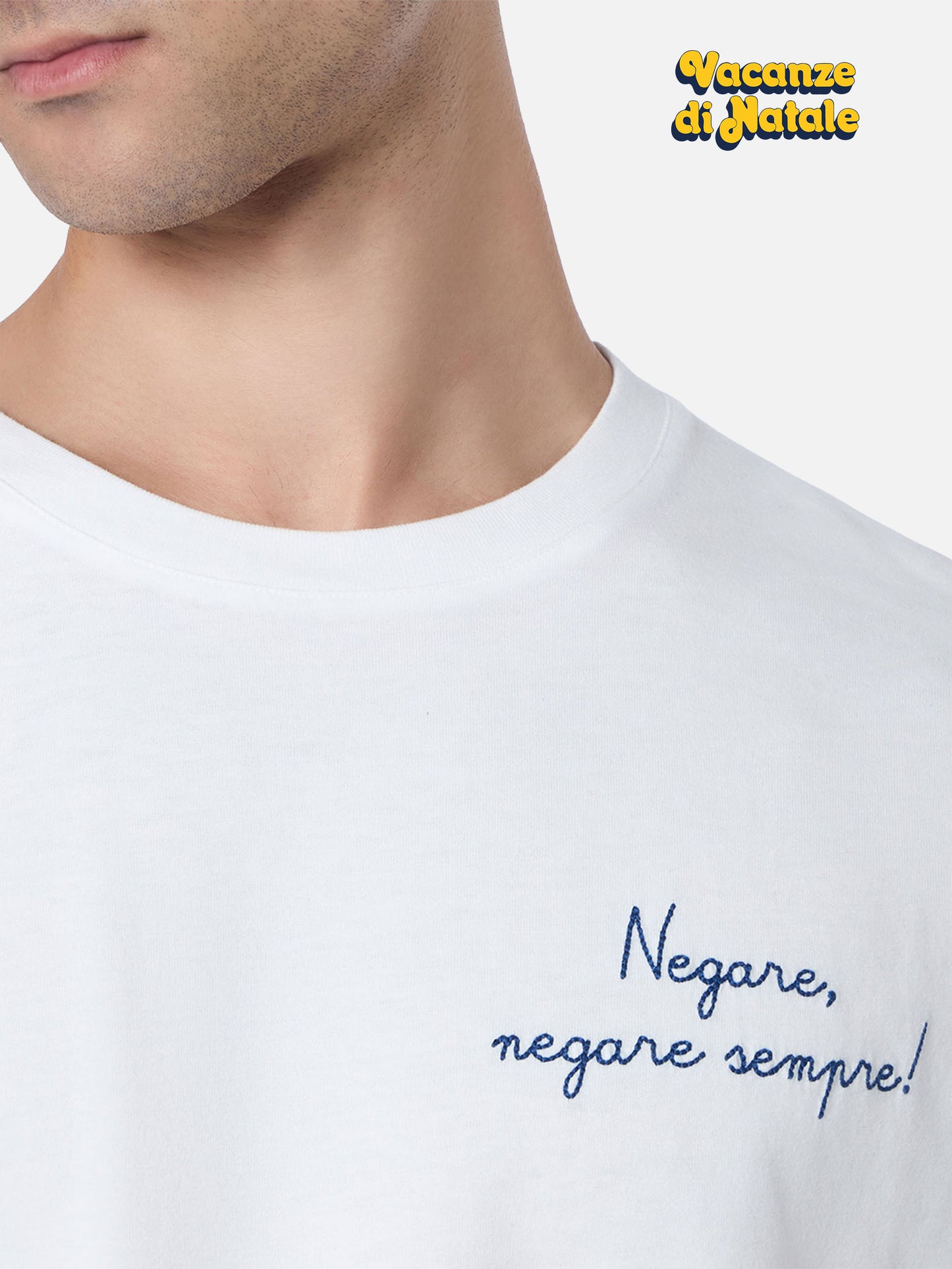 T-shirt bianca da uomo Luton con ricamo Negare, negare sempre! | VACANZE DI NATALE EDIZIONE SPECIALE