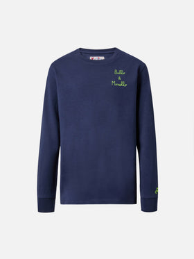 T-shirt Luton in cotone blu a maniche lunghe con ricamo Bello e Monello