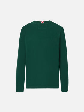 T-shirt Luton in cotone verde a maniche lunghe con ricamo Me ne vado dai nonni