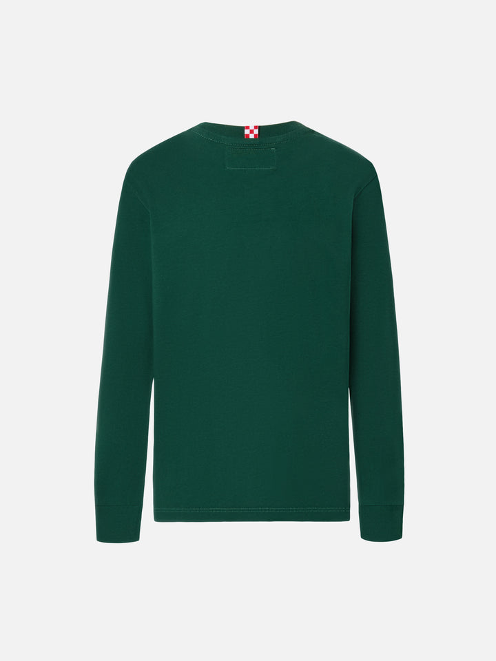 Luton long-sleeve cotton T-shirt in green with Me ne vado dai nonni embroidery
