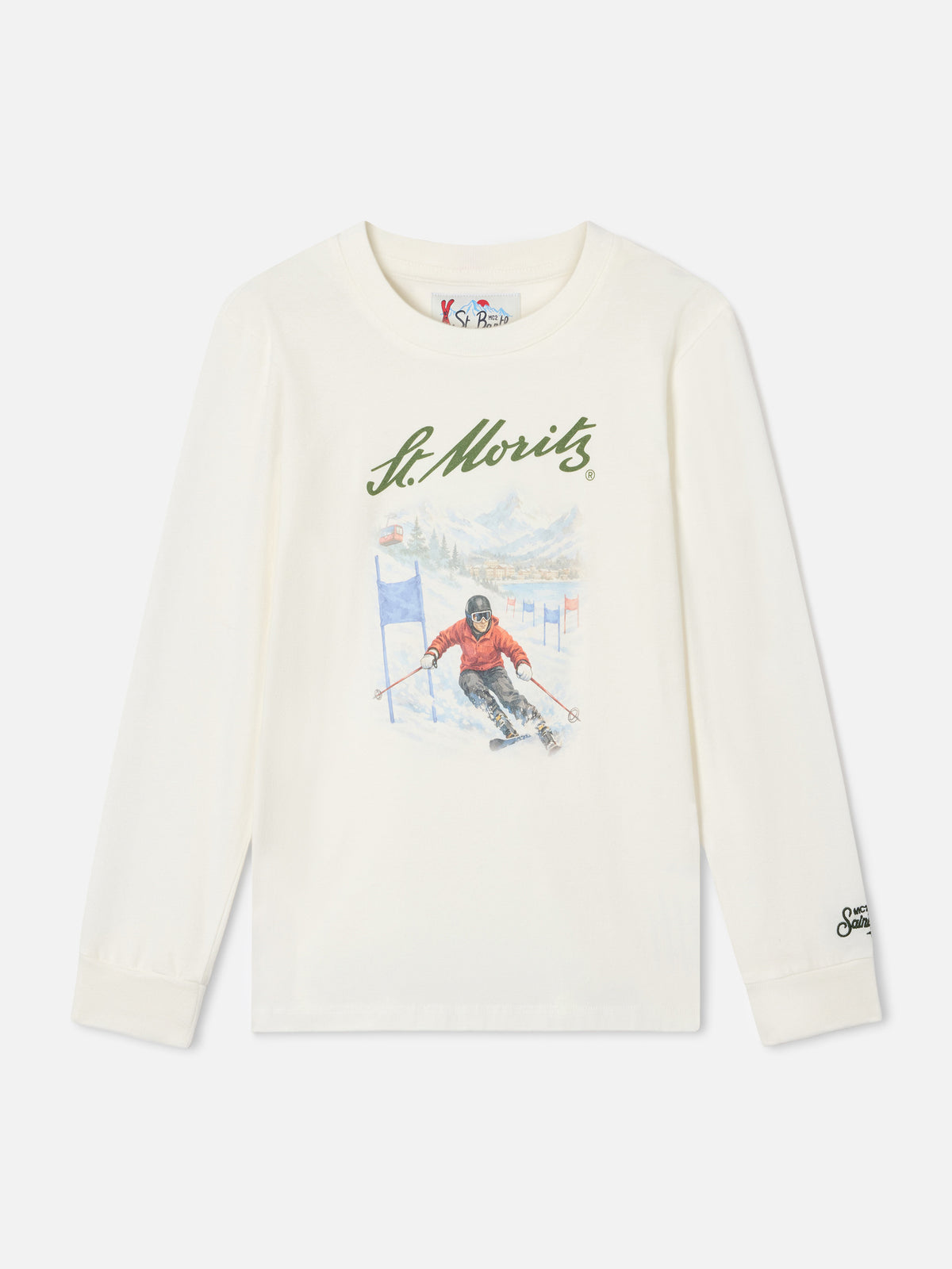 T-shirt à manches longues Luton blanc en coton biologique avec imprimé St. Moritz | Special edition 