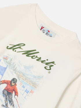 T-shirt à manches longues Luton blanc en coton biologique avec imprimé St. Moritz | Special edition 