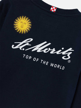 T-shirt Luton blu navy a manica lunga in cotone con stampa St. Moritz sul retro | Special edition