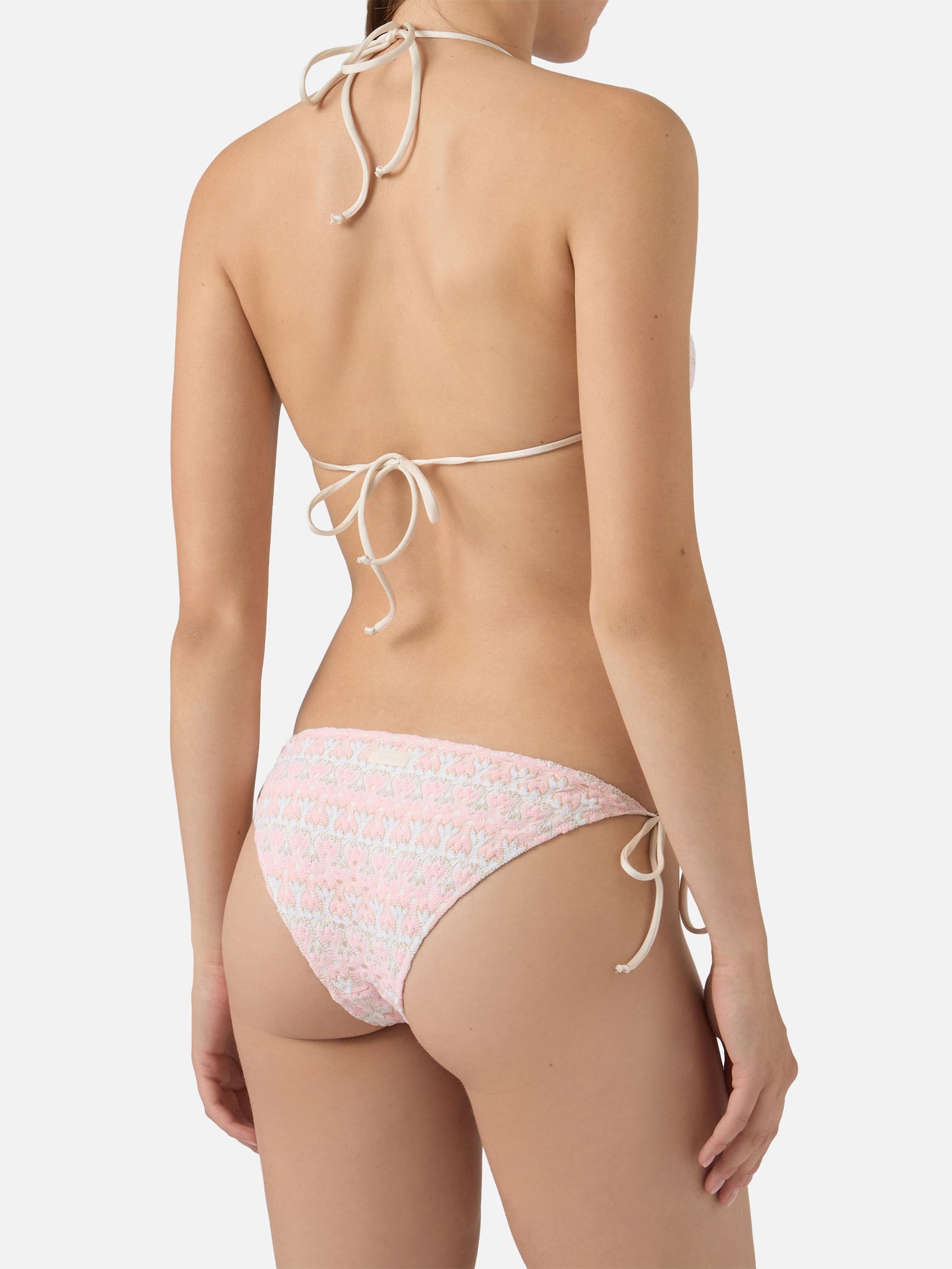 Bikini Levyne triangolo in tessuto raschel con fantasia floreale rosa e panna