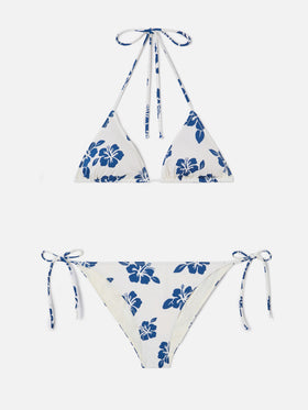 Bikini Levyne de triángulo en tejido elástico con estampado de hibiscos azules 