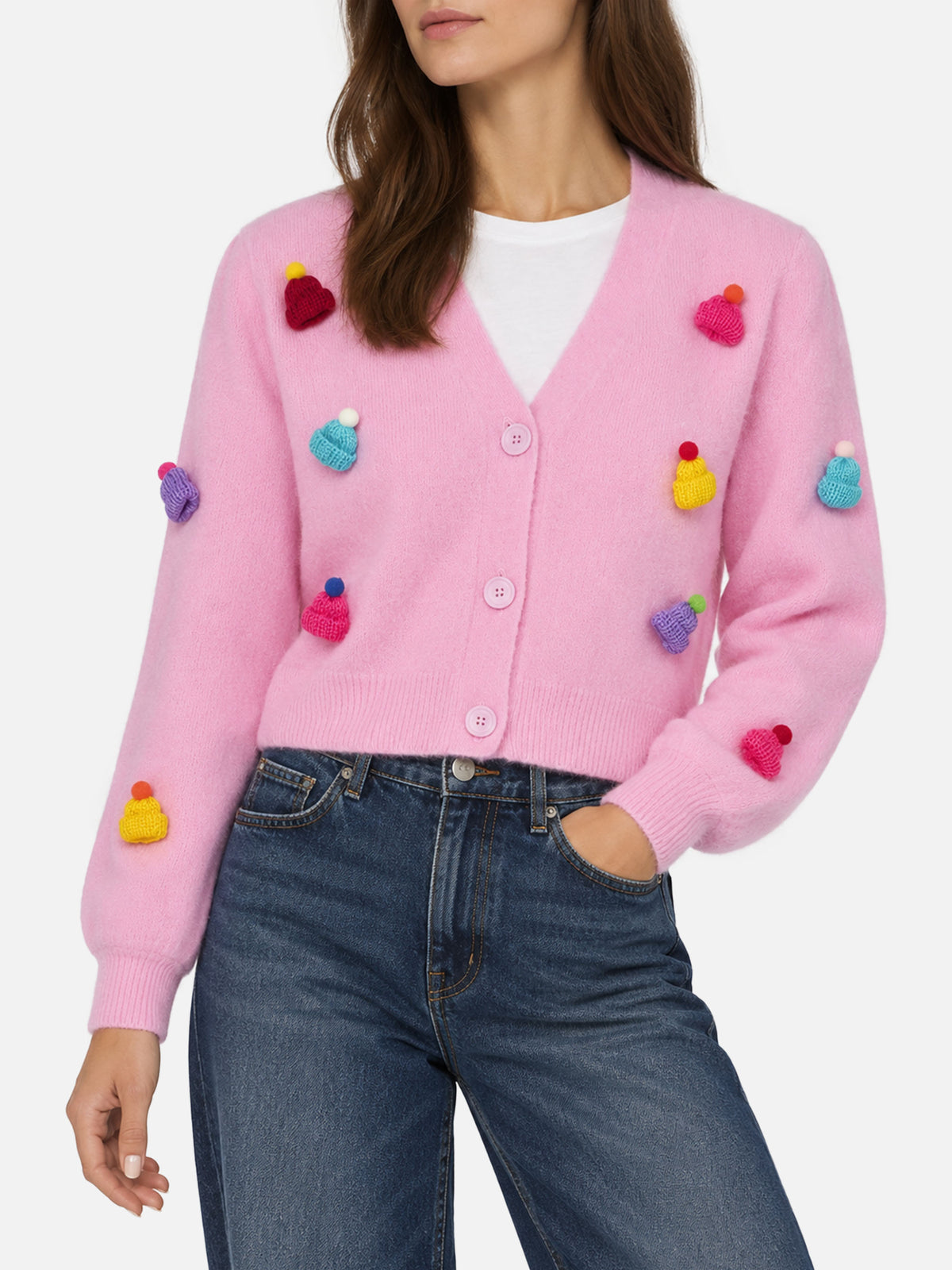 Lyza Soft cropped cardigan with crochet hearts
