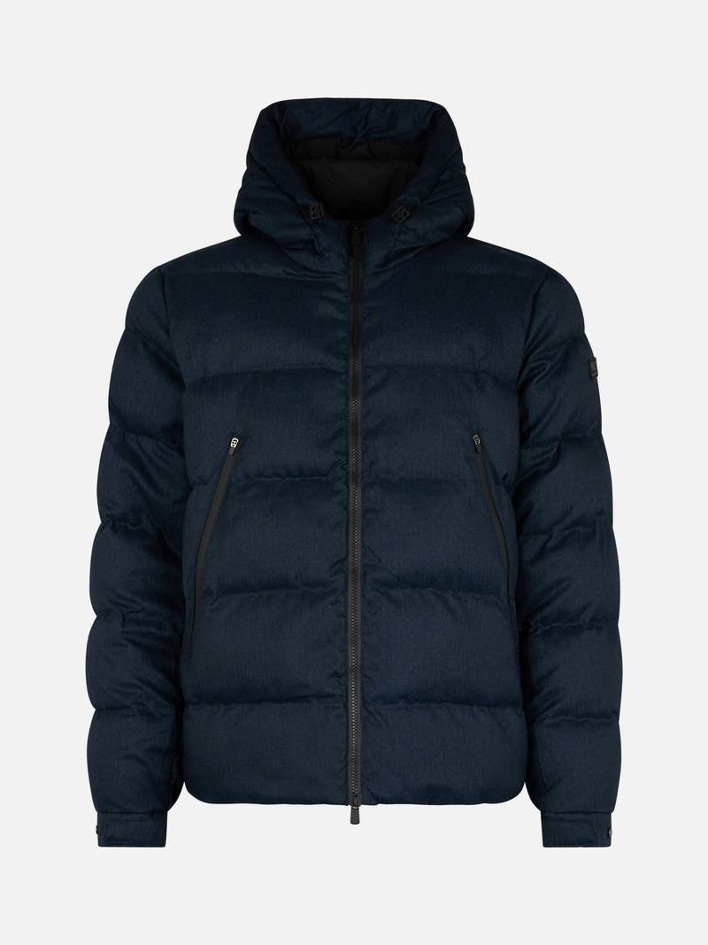 Man navy blue flannel hooded puffer jacket Maier