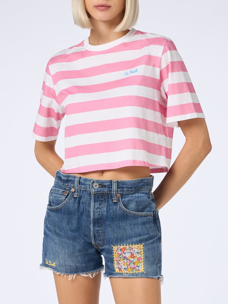 Woman pink and white striped crop t-shirt