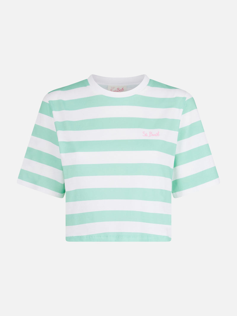 Woman acquamarine and white striped crop t-shirt