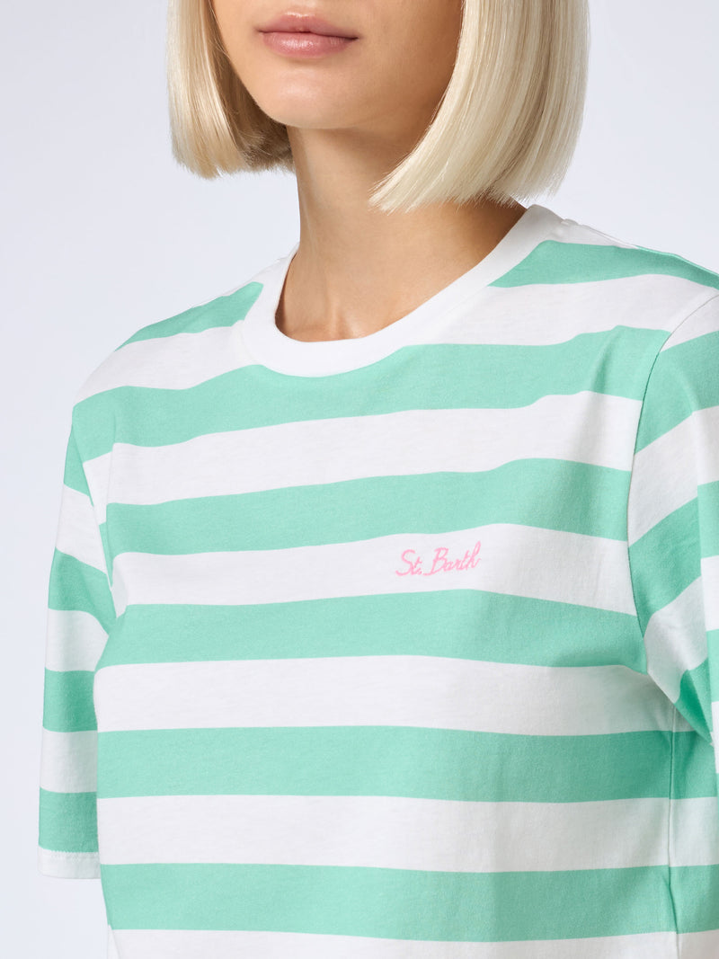 Woman acquamarine and white striped crop t-shirt