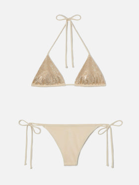 Bikini Maleah triangolo in tessuto glossy finish oro con applicazioni strass 