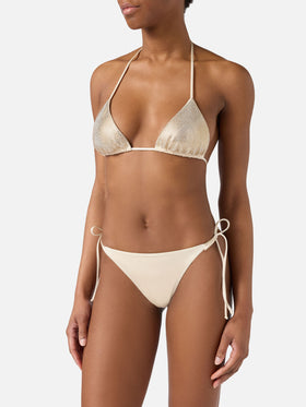 Bikini Maleah triangolo in tessuto glossy finish oro con applicazioni strass 