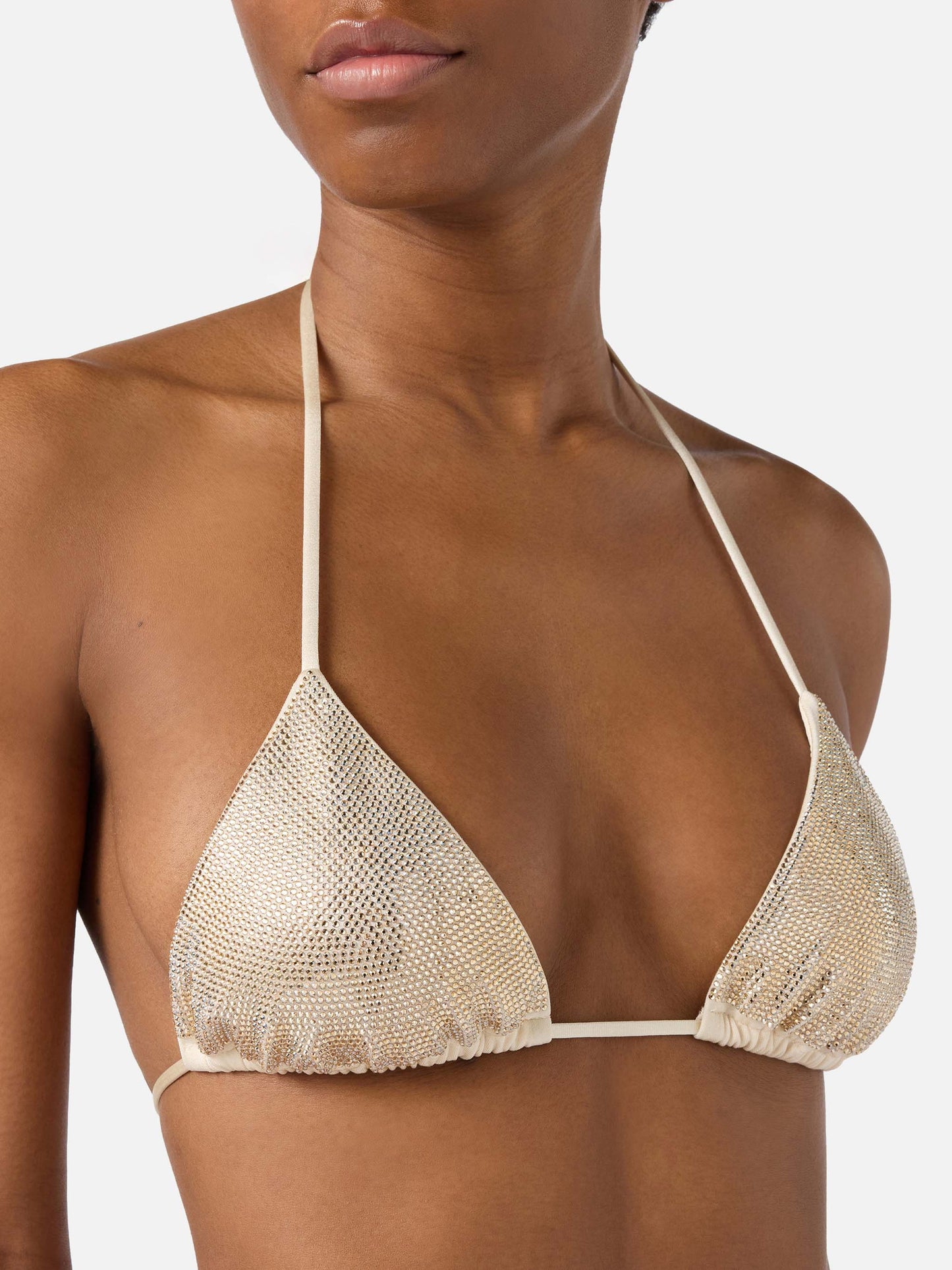 Bikini Maleah triangolo in tessuto glossy finish oro con applicazioni strass 
