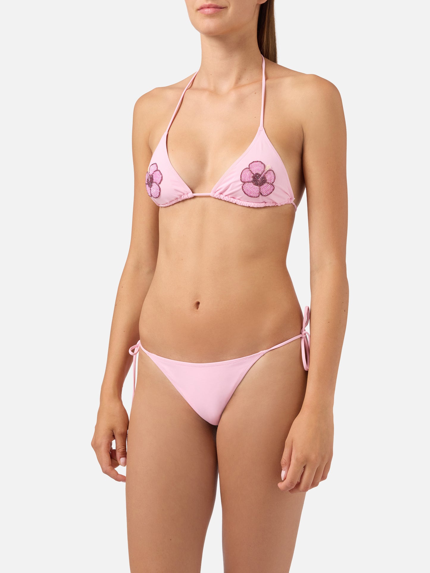 Bikini Maleah triangolo rosa con applicazioni floreali in perline