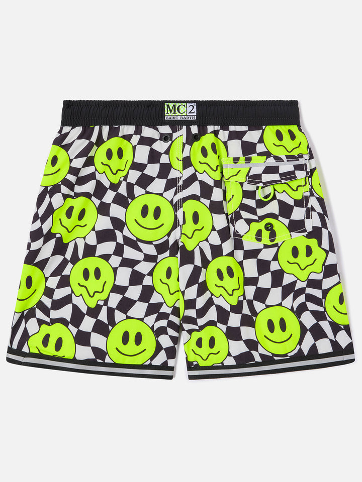 Boy long swim shorts with groovy smile pattern