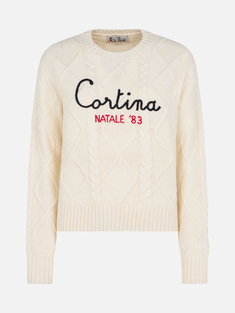 Woman crewneck cable-knit sweater Malmo with Cortina Natale '83