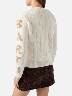 Maglione a trecce Malmo in misto cashmere bianco con jacquard St. Barth sulle maniche