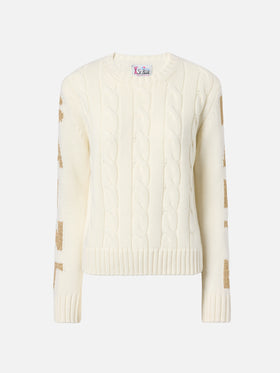 Maglione a trecce Malmo in misto cashmere bianco con jacquard St. Barth sulle maniche