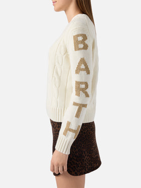 Maglione a trecce Malmo in misto cashmere bianco con jacquard St. Barth sulle maniche