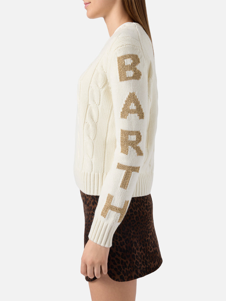 Malmo cable-knit cashmere-blend sweater in white with St. Barth jacquard on the sleeves