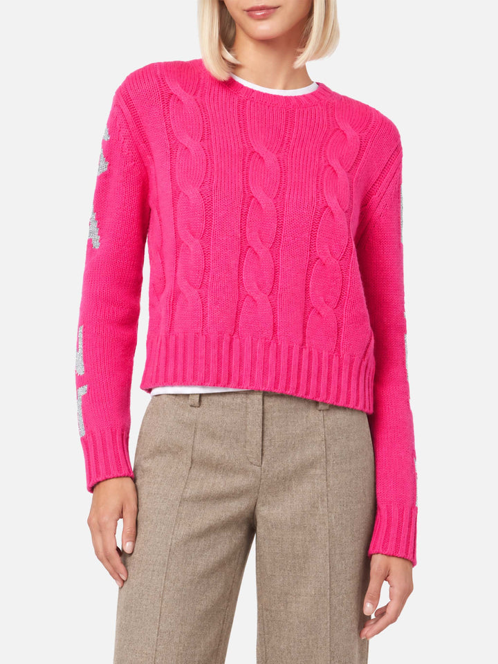 Fluopinker geflochtener Malmo-Pullover mit Lurex-Jacquard 