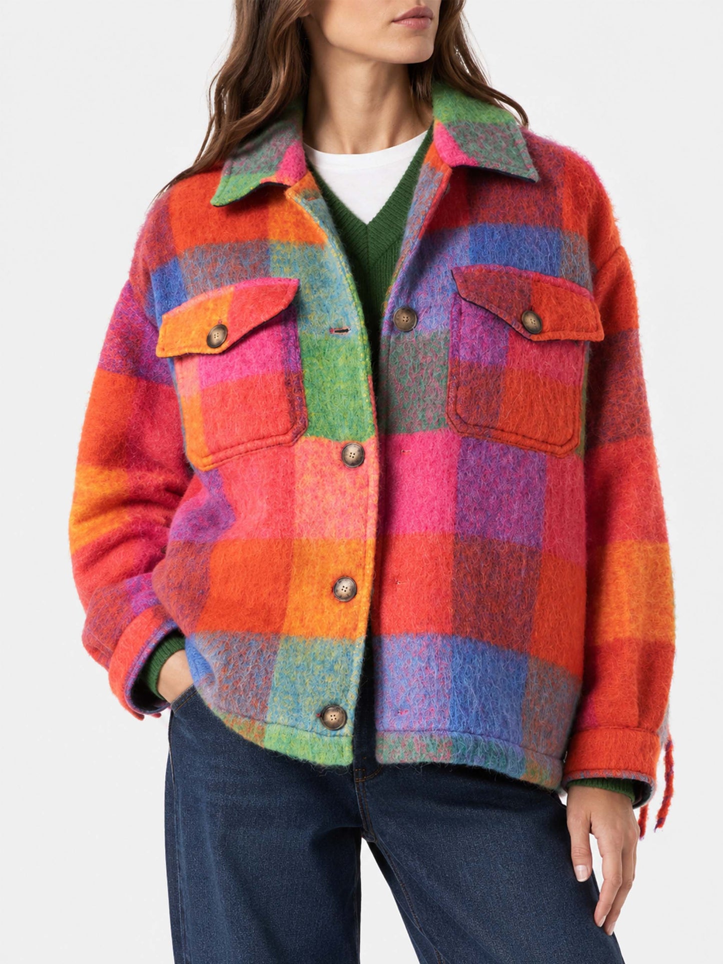 Marceline multicolor check overshirt with fringes