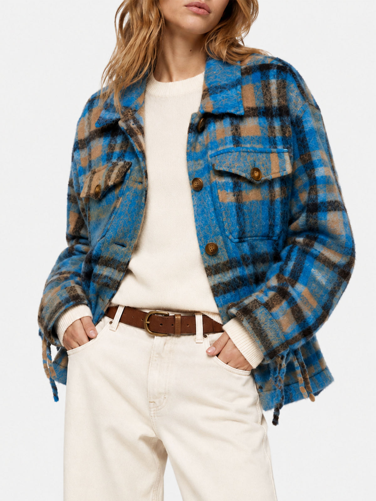 Surchemise veste Marceline à franges et motif tartan 