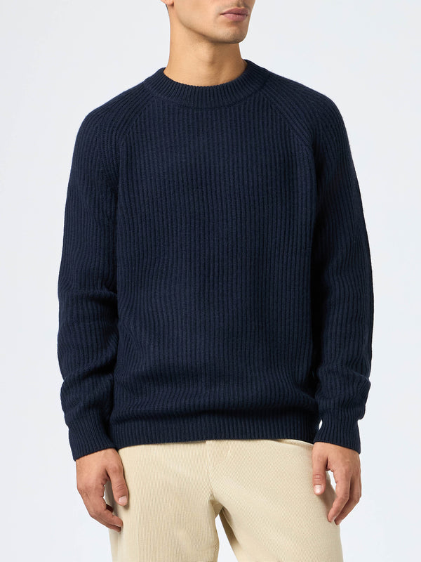 Man navy blue cashmere blend ribbed sweater Marine