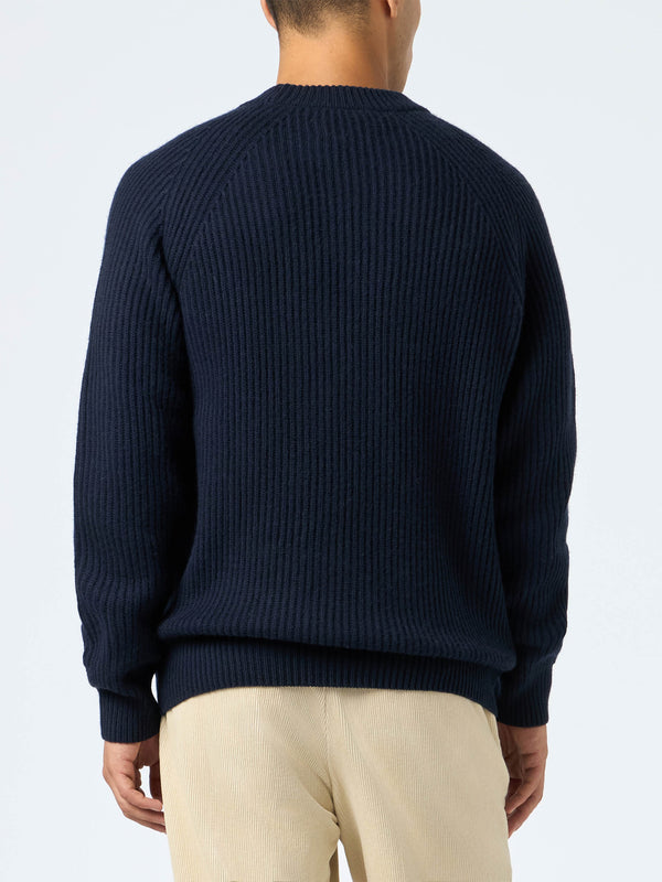 Man navy blue cashmere blend ribbed sweater Marine