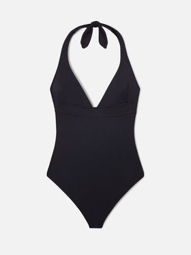 Einteiliger Marylin-Badeanzug mit Neckholder-Bändern in Uni-Schwarz 